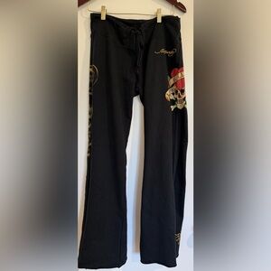 Ed Hardy Black Track Pants with Red and Gold Skull Graphic
